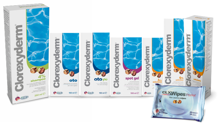 Toate produsele din gama Clorexyderm cu clorhexidină pentru tratarea infecțiilor cutanate și otice la câini și pisici.