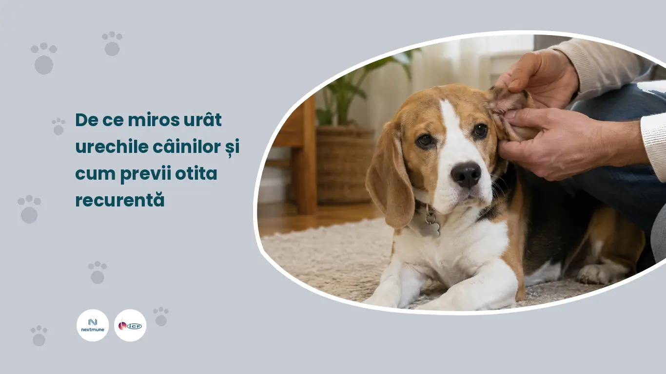 Proprietar verificând urechea unui câine cu urechi căzute, ca parte din rutina de igienă
